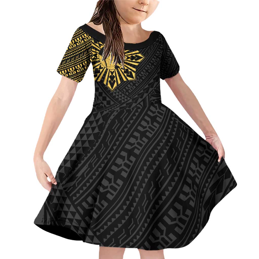 Philippines Tribal Family Matching Off Shoulder Short Dress and Hawaiian Shirt King Lapu Lapu Gold Version