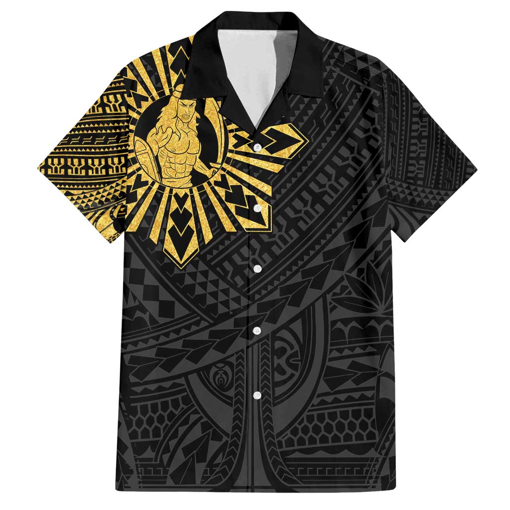 Philippines Tribal Family Matching Off Shoulder Short Dress and Hawaiian Shirt King Lapu Lapu Gold Version