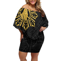 Philippines Tribal Family Matching Off Shoulder Short Dress and Hawaiian Shirt King Lapu Lapu Gold Version