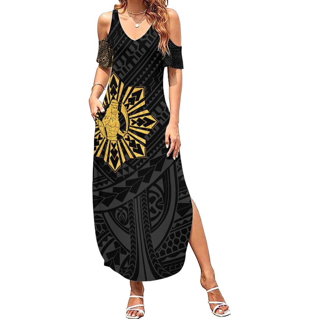 Philippines Tribal Family Matching Summer Maxi Dress and Hawaiian Shirt King Lapu Lapu Gold Version