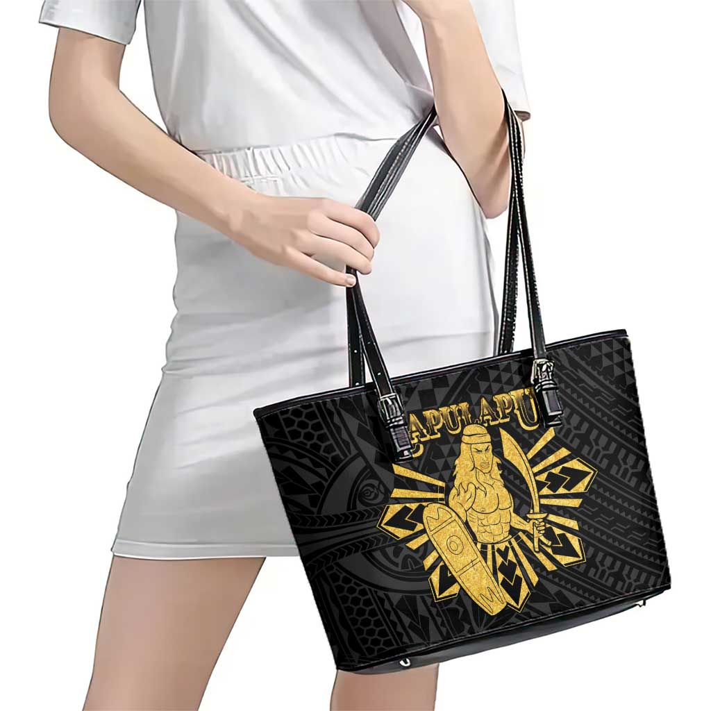 Philippines Tribal Leather Tote Bag King Lapu Lapu Gold Version