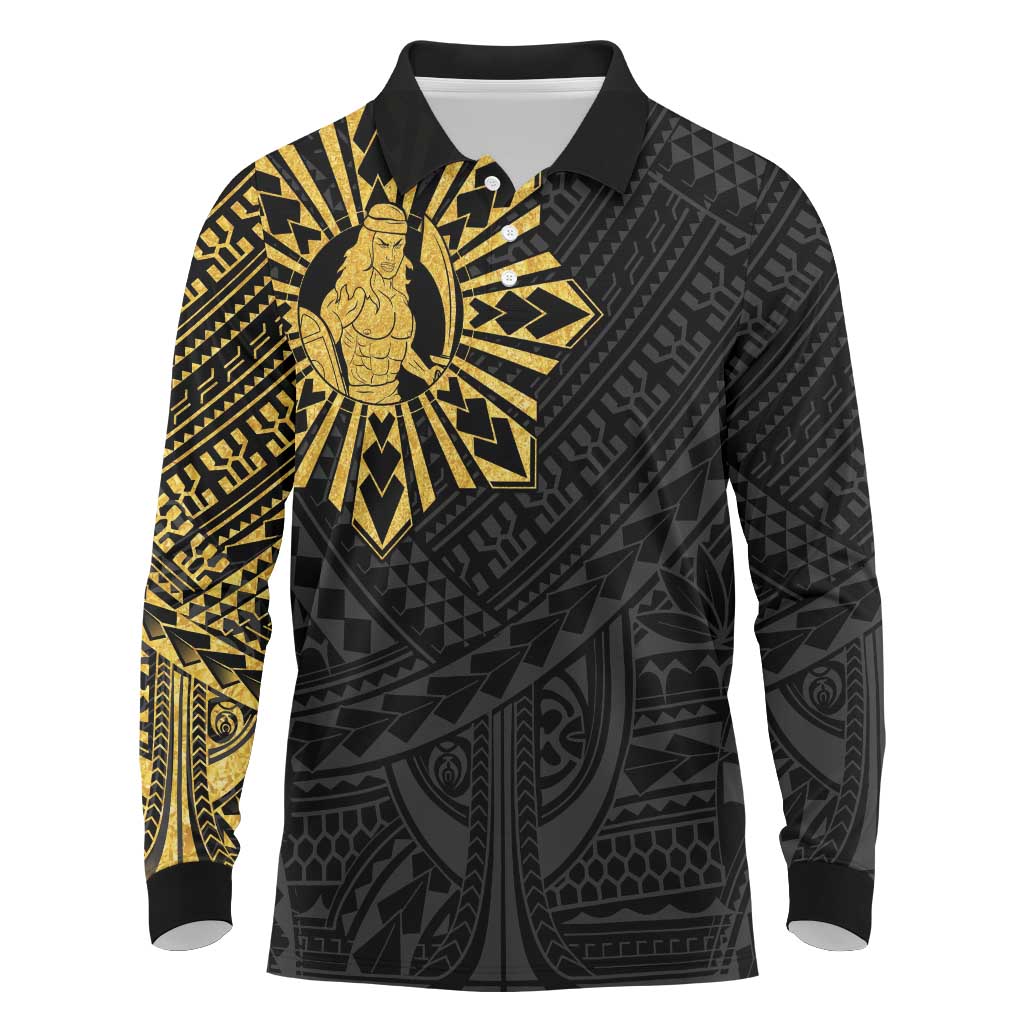 Philippines Tribal Long Sleeve Polo Shirt King Lapu Lapu Gold Version