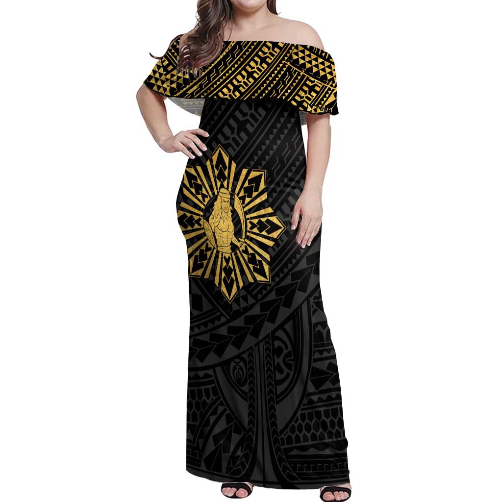 Philippines Tribal Off Shoulder Maxi Dress King Lapu Lapu Gold Version