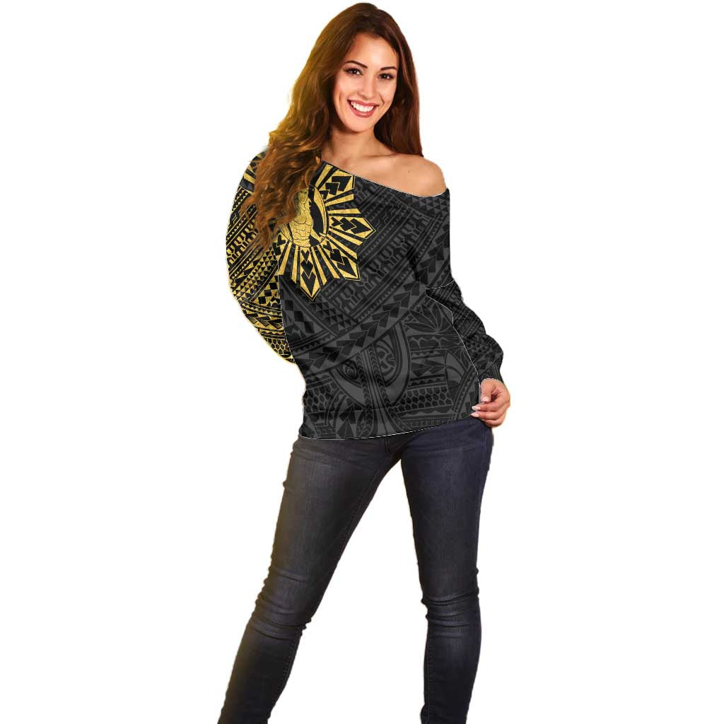 Philippines Tribal Off Shoulder Sweater King Lapu Lapu Gold Version