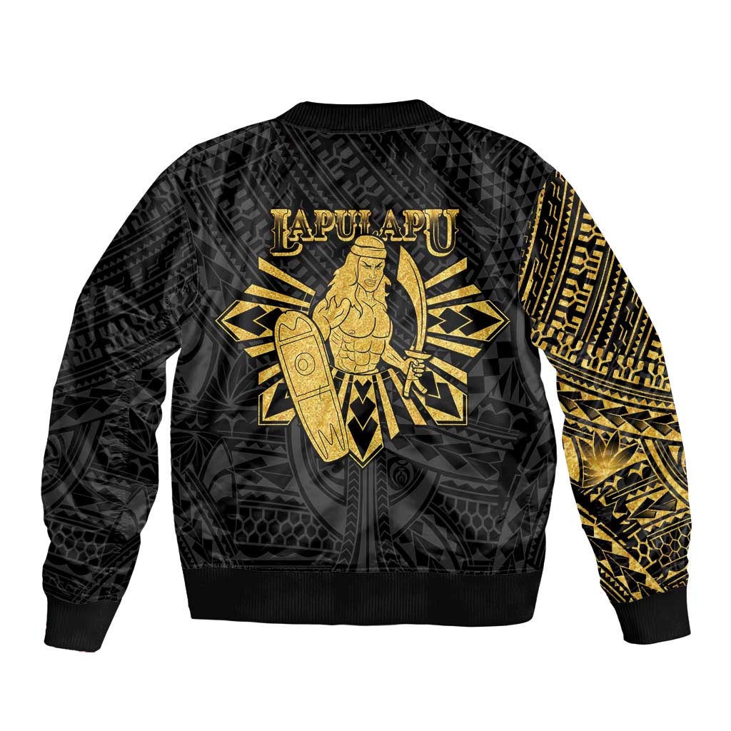 Philippines Tribal Sleeve Zip Bomber Jacket King Lapu Lapu Gold Version