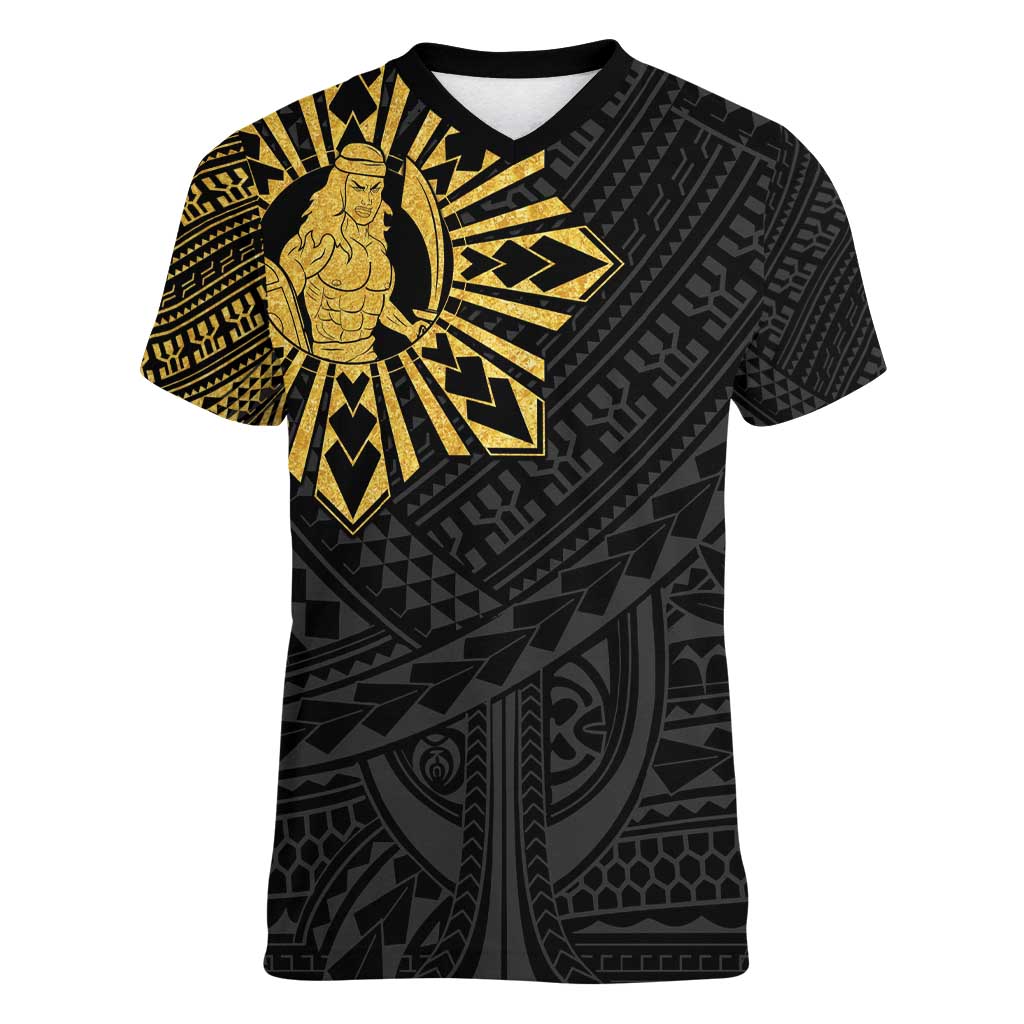 Philippines Tribal Women V-Neck T-Shirt King Lapu Lapu Gold Version