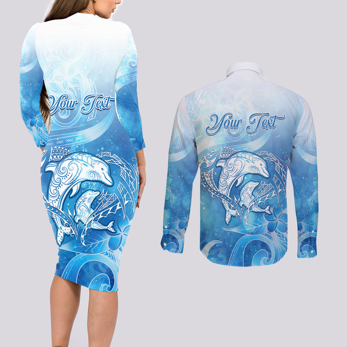 Mother's Love Is Deeper Than Ocean Couples Matching Long Sleeve Bodycon Dress and Long Sleeve Button Shirt Polynesian Style