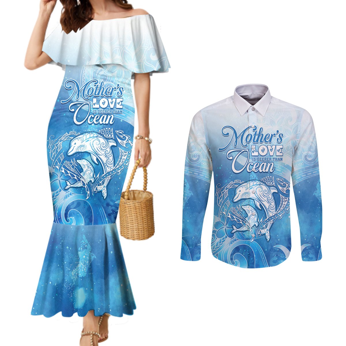 Mother's Love Is Deeper Than Ocean Couples Matching Mermaid Dress and Long Sleeve Button Shirt Polynesian Style
