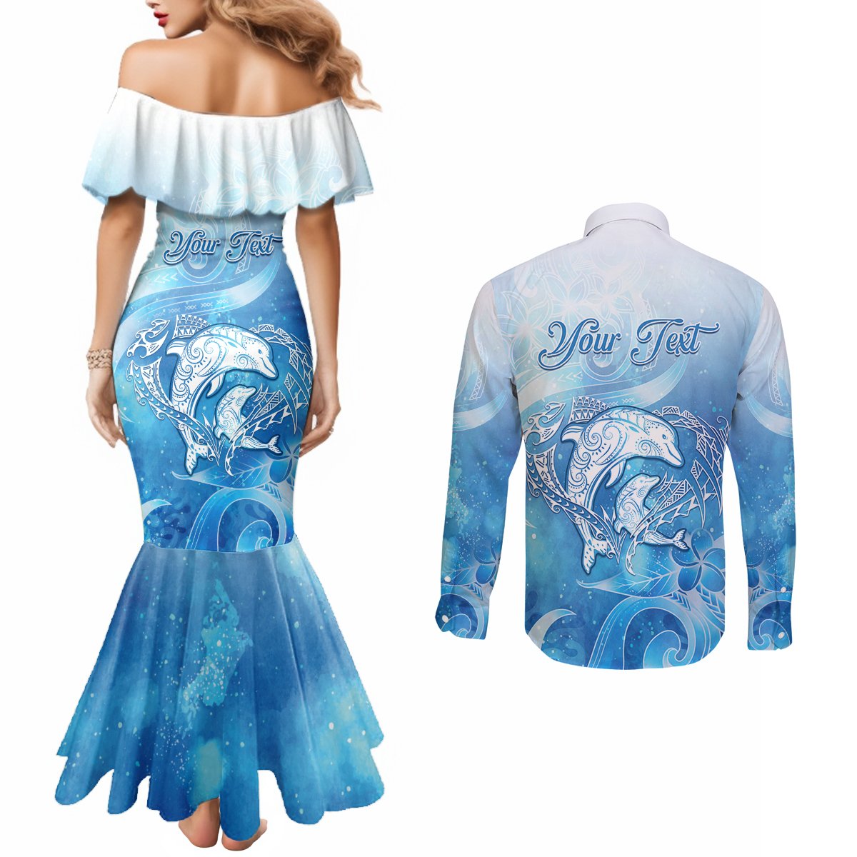 Mother's Love Is Deeper Than Ocean Couples Matching Mermaid Dress and Long Sleeve Button Shirt Polynesian Style