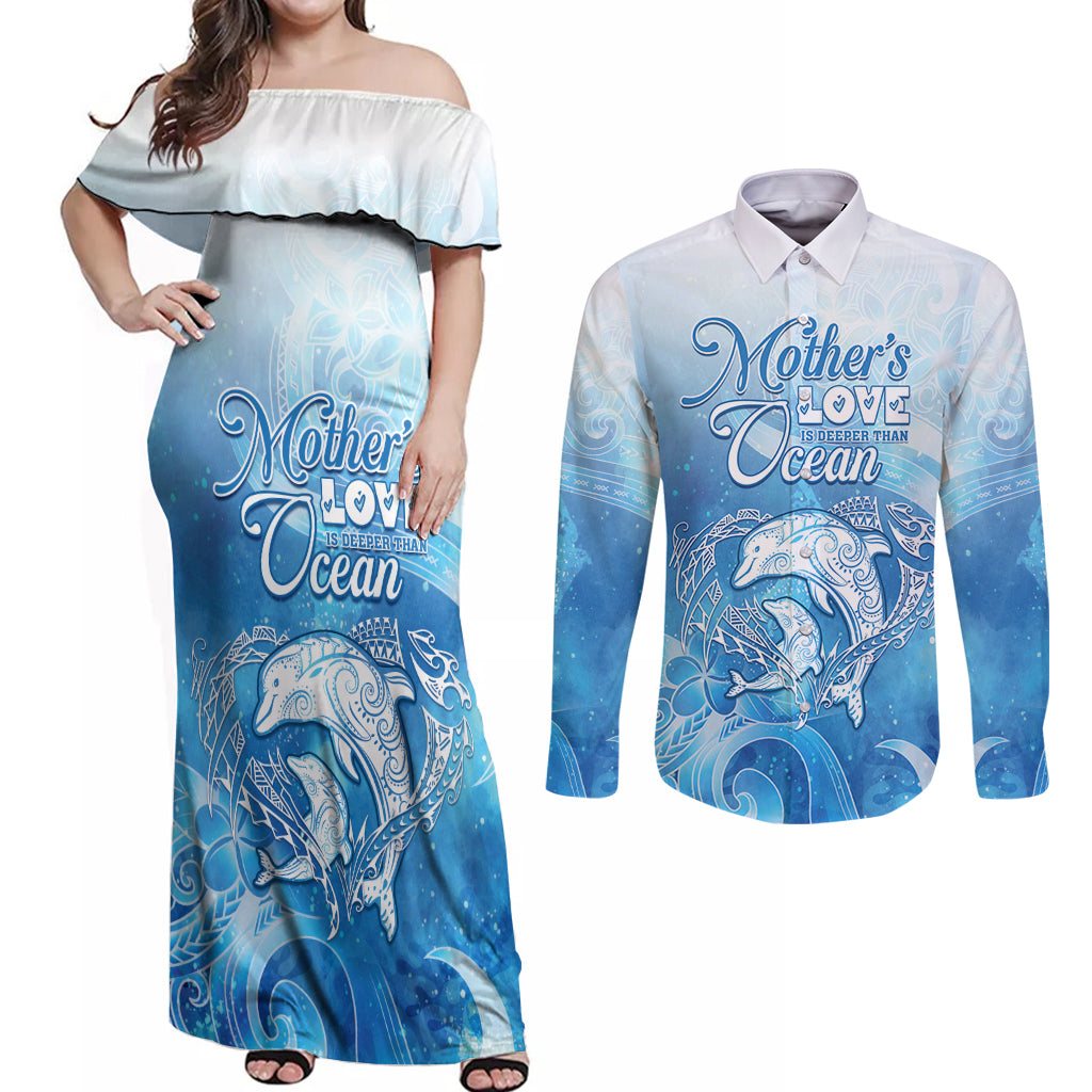 Mother's Love Is Deeper Than Ocean Couples Matching Off Shoulder Maxi Dress and Long Sleeve Button Shirt Polynesian Style