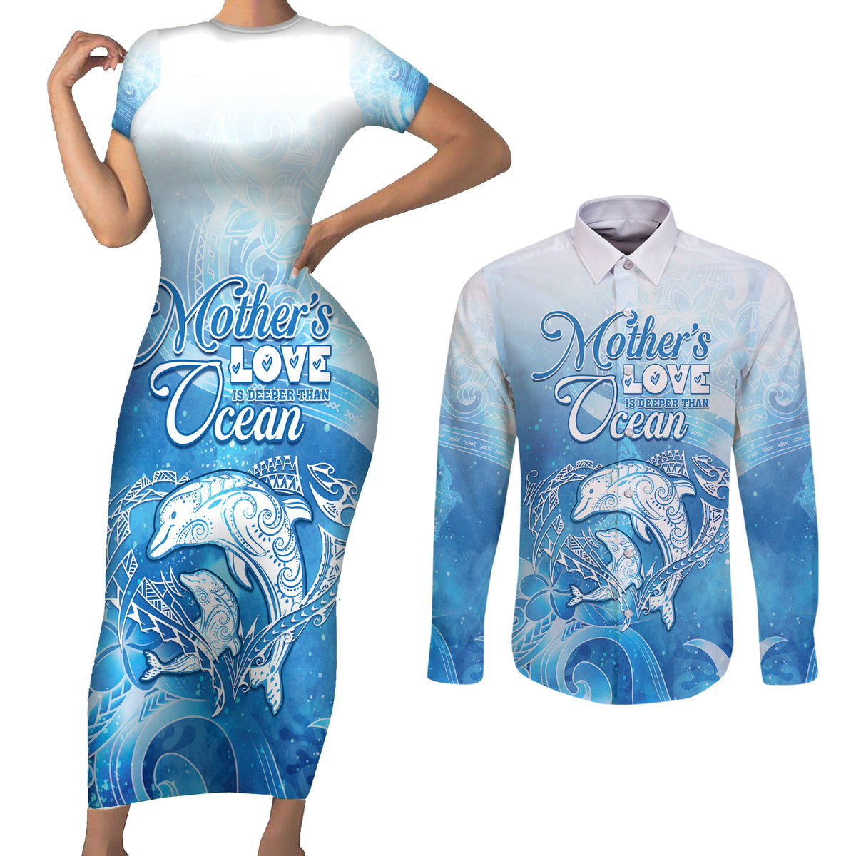 Mother's Love Is Deeper Than Ocean Couples Matching Short Sleeve Bodycon Dress and Long Sleeve Button Shirt Polynesian Style