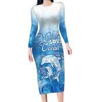 Mother's Love Is Deeper Than Ocean Family Matching Long Sleeve Bodycon Dress and Hawaiian Shirt Polynesian Style LT05 Mom's Dress Blue - Polynesian Pride