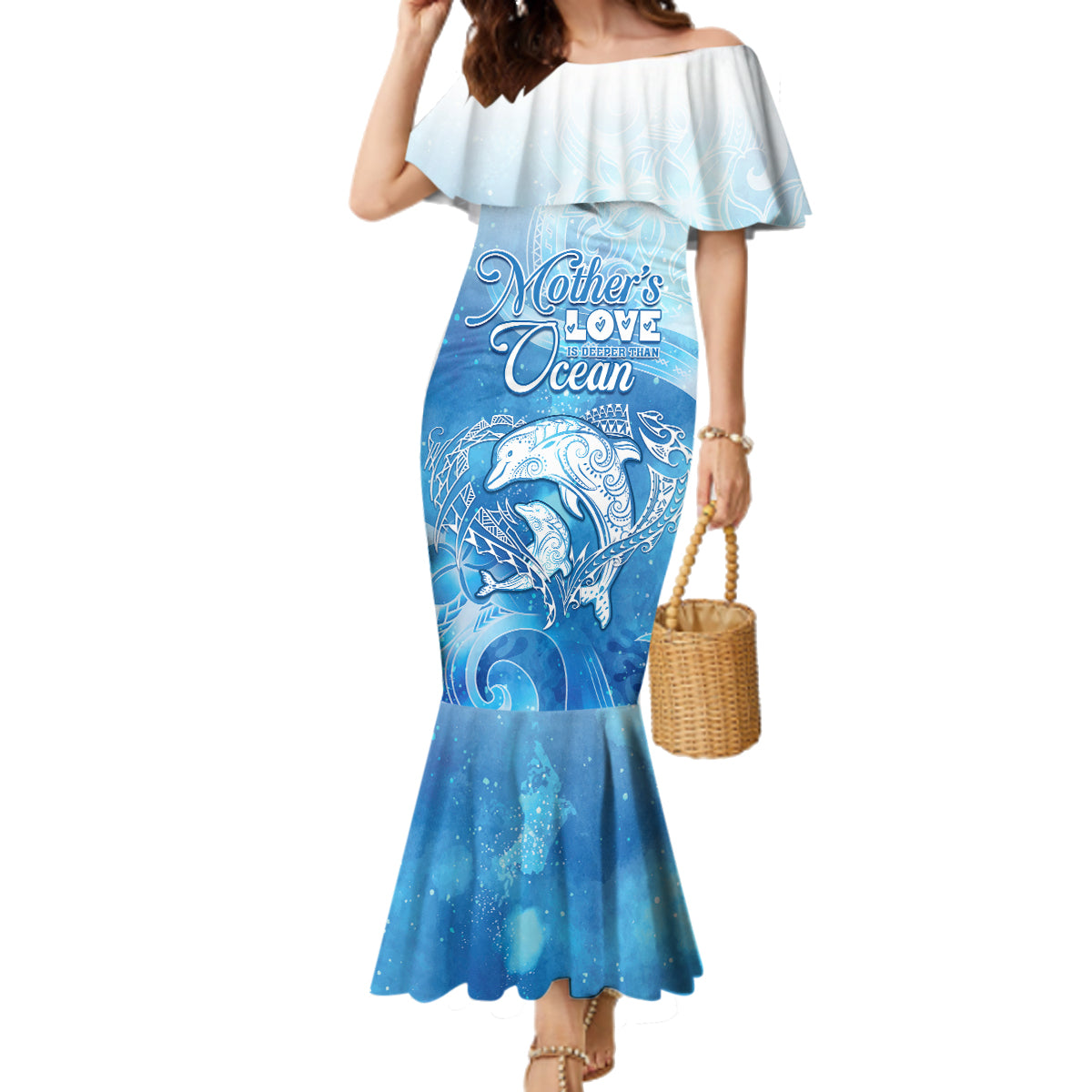 Mother's Love Is Deeper Than Ocean Family Matching Mermaid Dress and Hawaiian Shirt Polynesian Style LT05 Mom's Dress Blue - Polynesian Pride