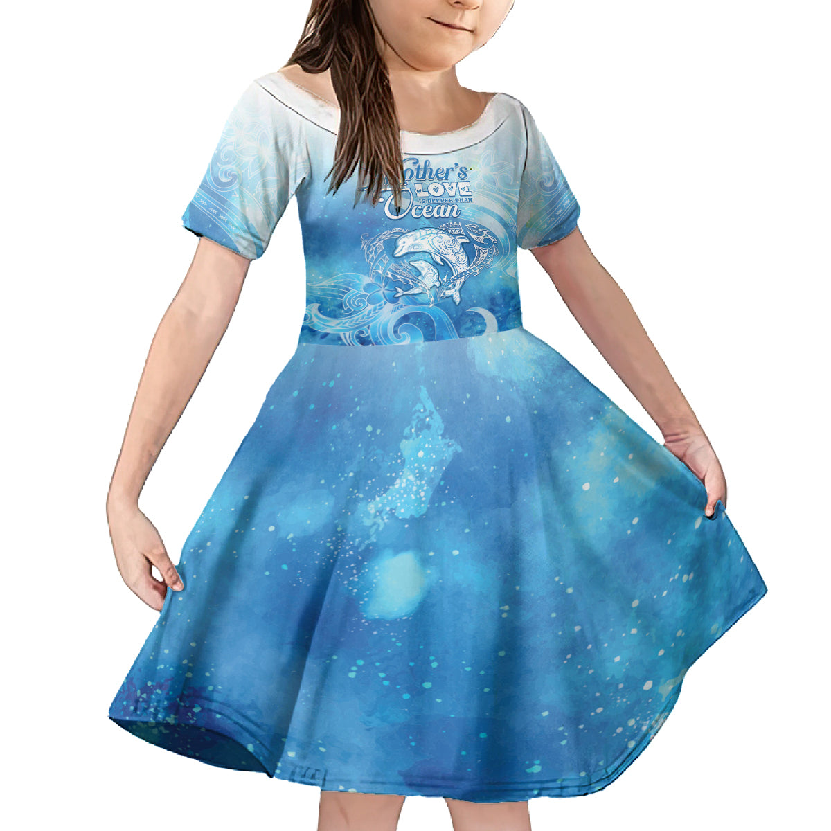 Mother's Love Is Deeper Than Ocean Family Matching Off The Shoulder Long Sleeve Dress and Hawaiian Shirt Polynesian Style LT05 Daughter's Dress Blue - Polynesian Pride