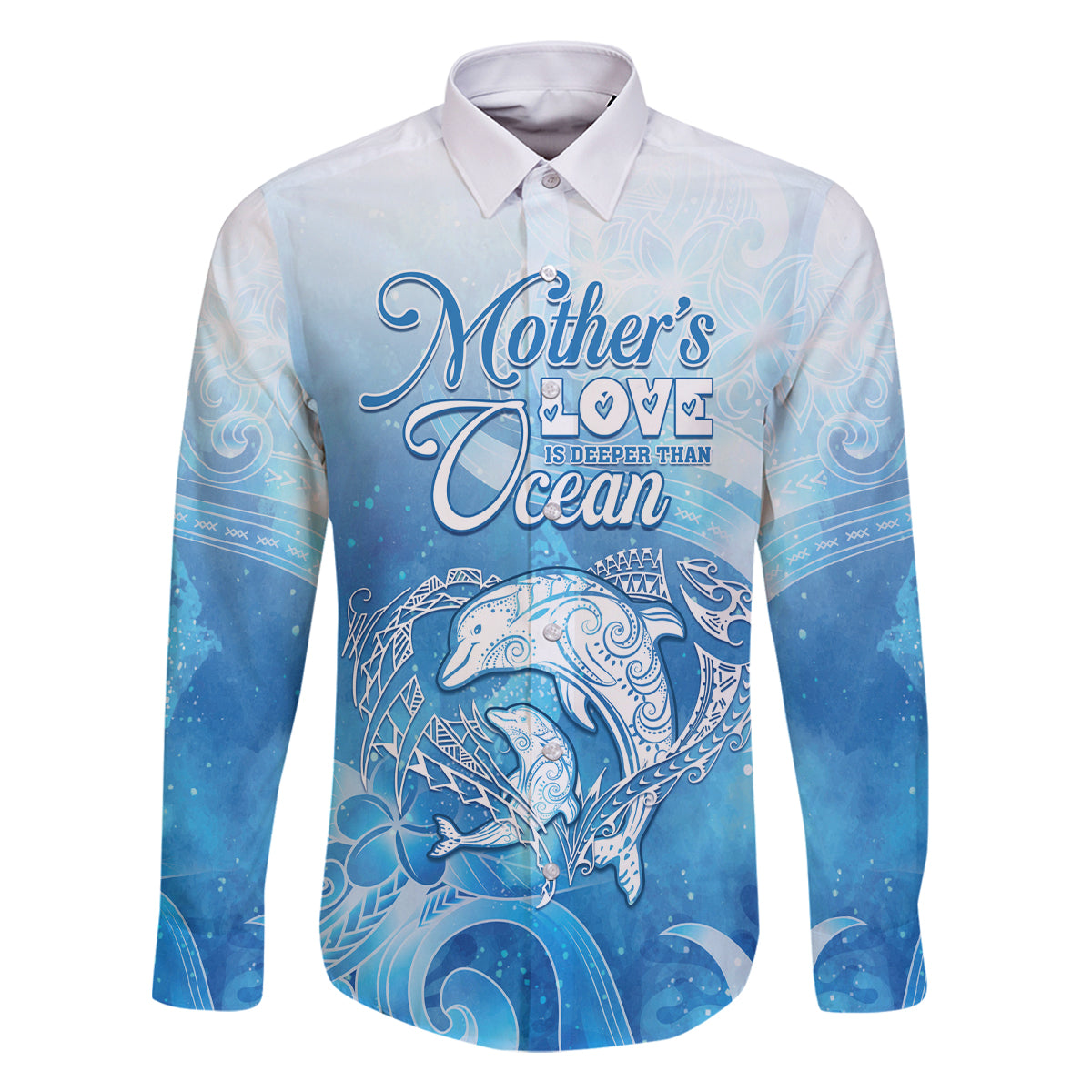 Mother's Love Is Deeper Than Ocean Family Matching Off The Shoulder Long Sleeve Dress and Hawaiian Shirt Polynesian Style LT05 Dad's Shirt - Long Sleeve Blue - Polynesian Pride