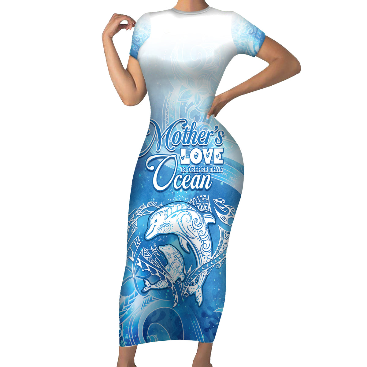 Mother's Love Is Deeper Than Ocean Family Matching Short Sleeve Bodycon Dress and Hawaiian Shirt Polynesian Style LT05 Mom's Dress Blue - Polynesian Pride
