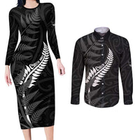 Personalised New Zealand Chur Bro Couples Matching Long Sleeve Bodycon Dress and Long Sleeve Button Shirt Maori Koru With Silver Fern LT05 Black - Polynesian Pride