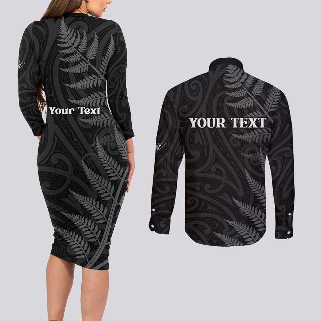 Personalised New Zealand Chur Bro Couples Matching Long Sleeve Bodycon Dress and Long Sleeve Button Shirt Maori Koru With Silver Fern LT05 - Polynesian Pride