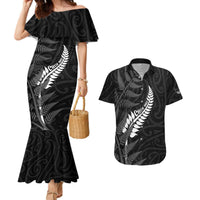 Personalised New Zealand Chur Bro Couples Matching Mermaid Dress and Hawaiian Shirt Maori Koru With Silver Fern LT05 Black - Polynesian Pride