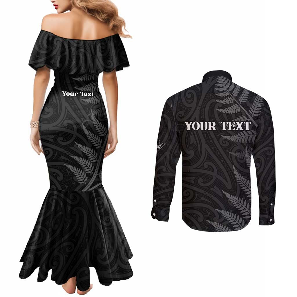 Personalised New Zealand Chur Bro Couples Matching Mermaid Dress and Long Sleeve Button Shirt Maori Koru With Silver Fern LT05 - Polynesian Pride