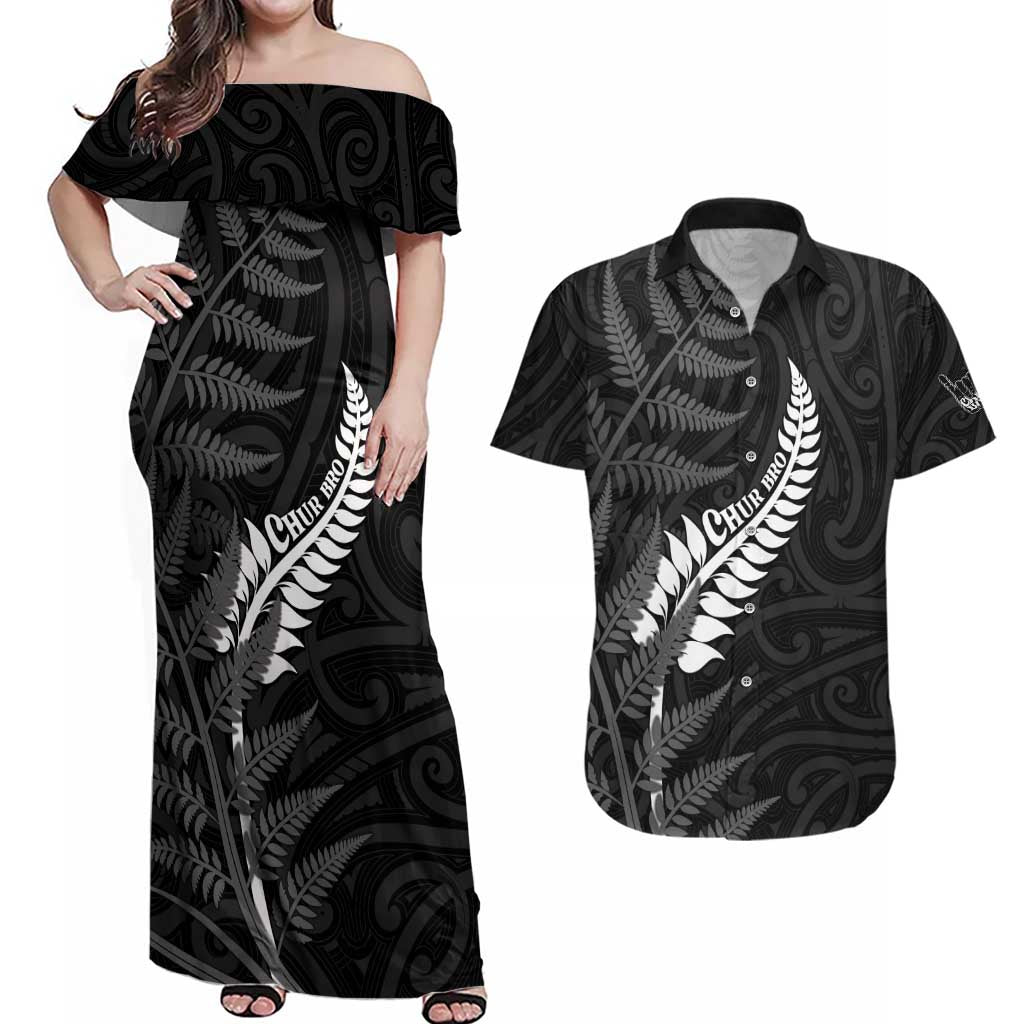 Personalised New Zealand Chur Bro Couples Matching Off Shoulder Maxi Dress and Hawaiian Shirt Maori Koru With Silver Fern