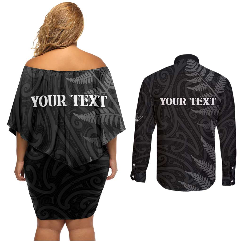 Personalised New Zealand Chur Bro Couples Matching Off Shoulder Short Dress and Long Sleeve Button Shirt Maori Koru With Silver Fern