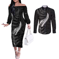 Personalised New Zealand Chur Bro Couples Matching Off The Shoulder Long Sleeve Dress and Long Sleeve Button Shirt Maori Koru With Silver Fern LT05 Black - Polynesian Pride