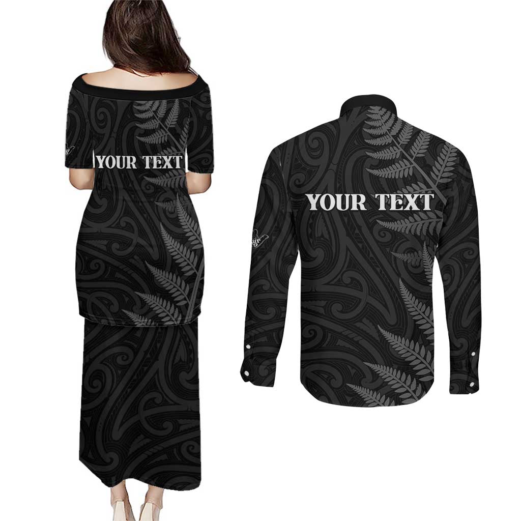 Personalised New Zealand Chur Bro Couples Matching Puletasi and Long Sleeve Button Shirt Maori Koru With Silver Fern