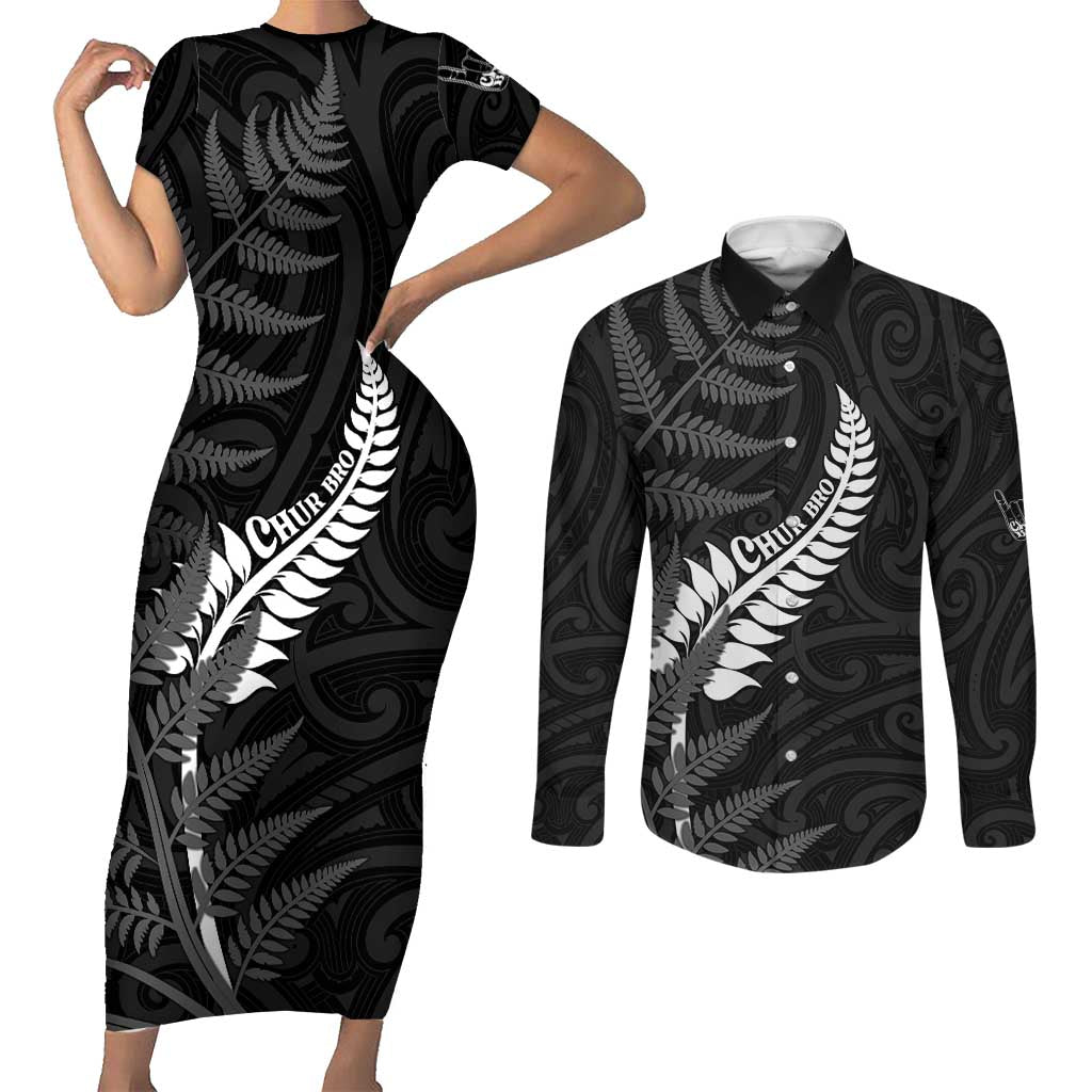 Personalised New Zealand Chur Bro Couples Matching Short Sleeve Bodycon Dress and Long Sleeve Button Shirt Maori Koru With Silver Fern LT05 Black - Polynesian Pride