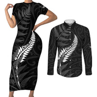 Personalised New Zealand Chur Bro Couples Matching Short Sleeve Bodycon Dress and Long Sleeve Button Shirt Maori Koru With Silver Fern LT05 Black - Polynesian Pride