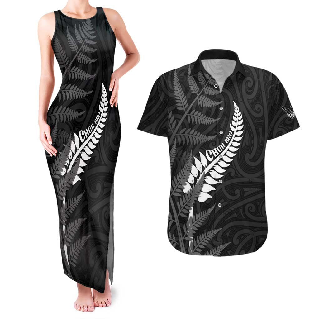 Personalised New Zealand Chur Bro Couples Matching Tank Maxi Dress and Hawaiian Shirt Maori Koru With Silver Fern