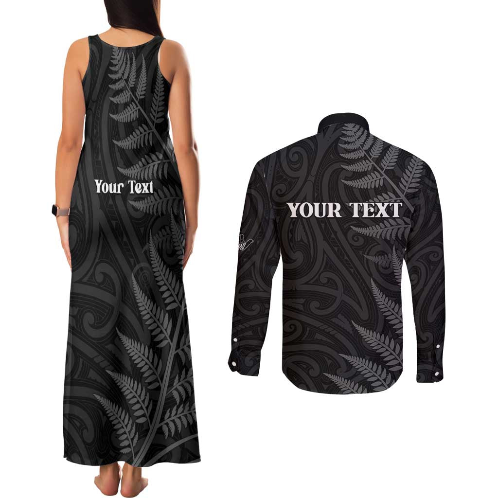 Personalised New Zealand Chur Bro Couples Matching Tank Maxi Dress and Long Sleeve Button Shirt Maori Koru With Silver Fern