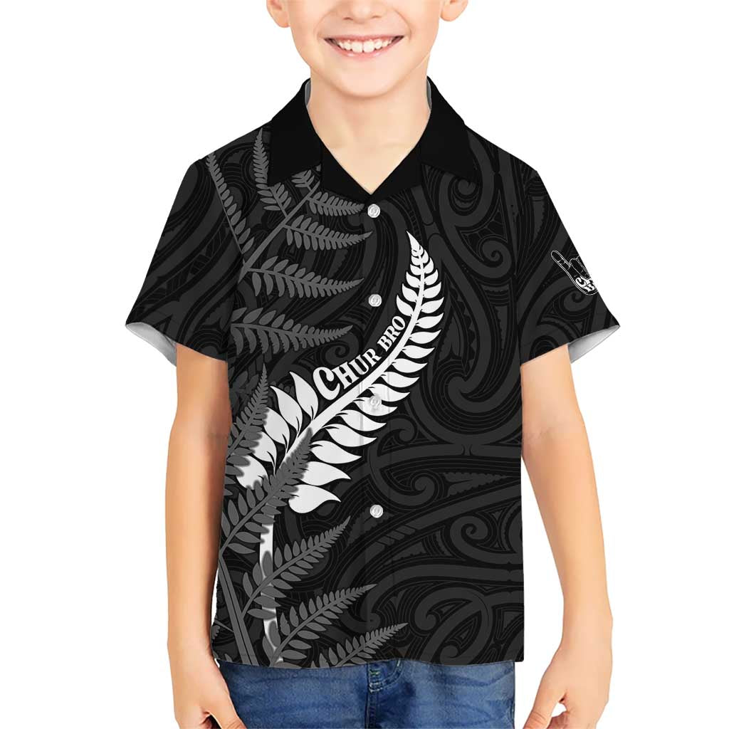 Personalised New Zealand Chur Bro Family Matching Mermaid Dress and Hawaiian Shirt Maori Koru With Silver Fern LT05 Son's Shirt Black - Polynesian Pride
