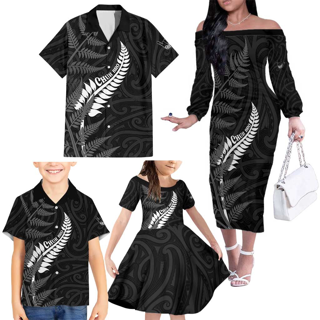 Personalised New Zealand Chur Bro Family Matching Off The Shoulder Long Sleeve Dress and Hawaiian Shirt Maori Koru With Silver Fern LT05 - Polynesian Pride