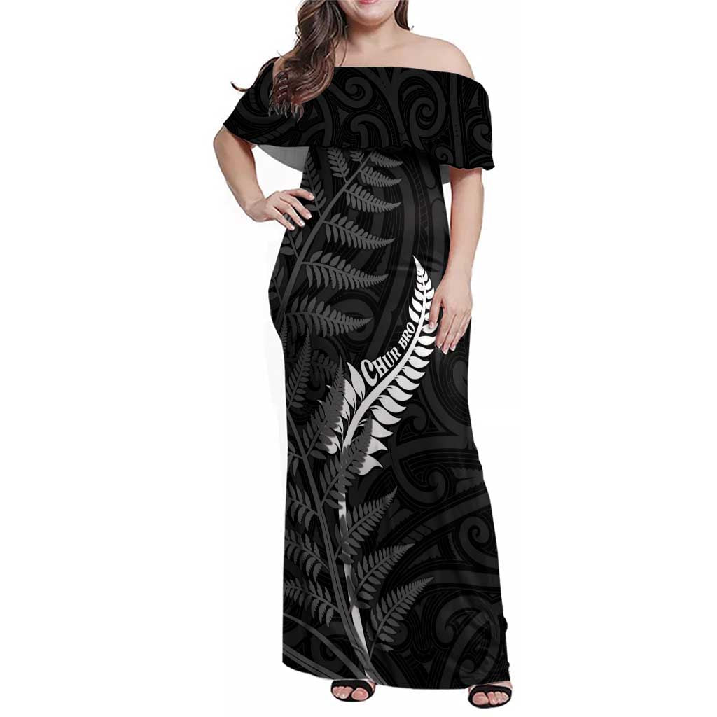 Personalised New Zealand Chur Bro Family Matching Off Shoulder Maxi Dress and Hawaiian Shirt Maori Koru With Silver Fern LT05 Mom's Dress Black - Polynesian Pride