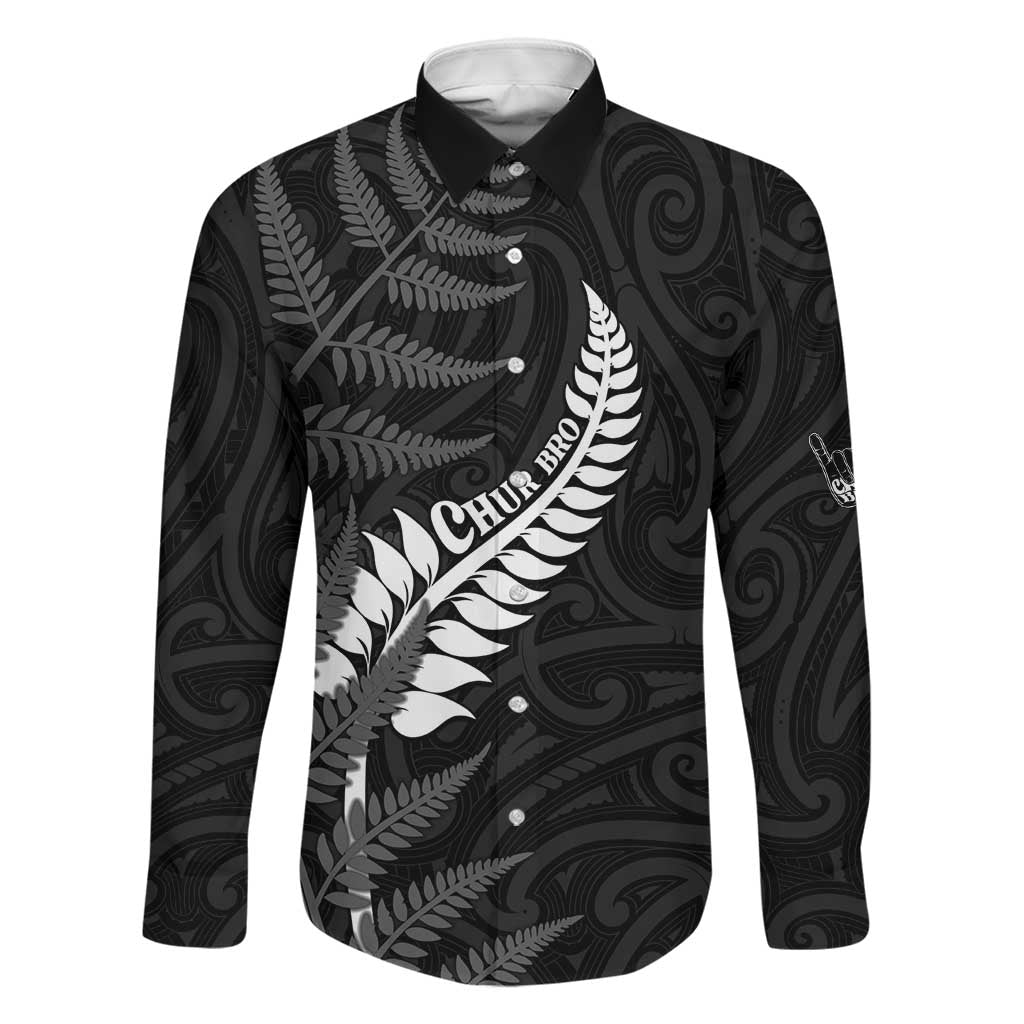 Personalised New Zealand Chur Bro Family Matching Short Sleeve Bodycon Dress and Hawaiian Shirt Maori Koru With Silver Fern LT05 Dad's Shirt - Long Sleeve Black - Polynesian Pride
