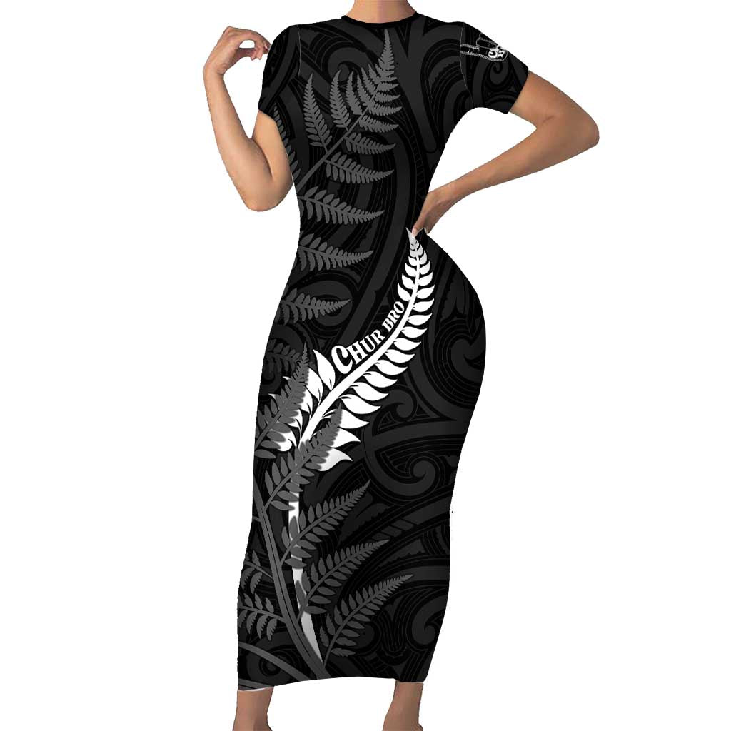 Personalised New Zealand Chur Bro Family Matching Short Sleeve Bodycon Dress and Hawaiian Shirt Maori Koru With Silver Fern LT05 Mom's Dress Black - Polynesian Pride