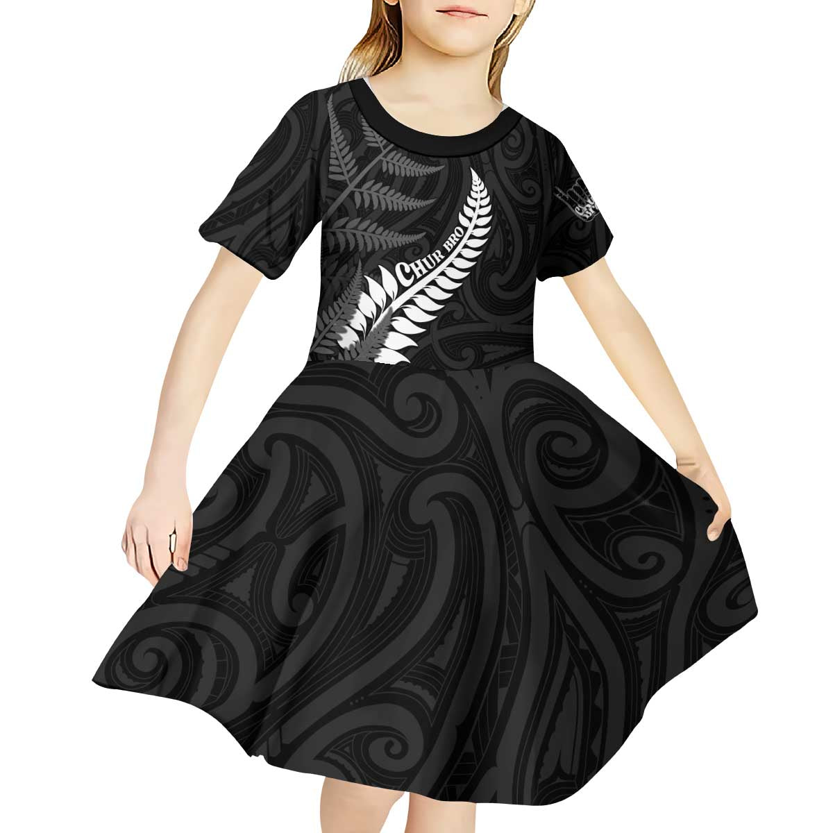 Personalised New Zealand Chur Bro Kid Short Sleeve Dress Maori Koru With Silver Fern