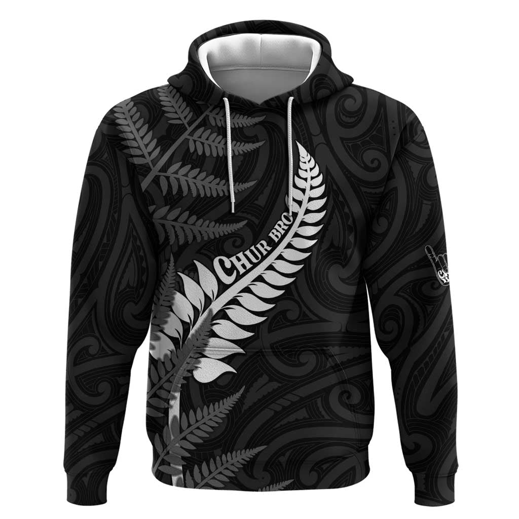 Personalised New Zealand Chur Bro Zip Hoodie Maori Koru With Silver Fern