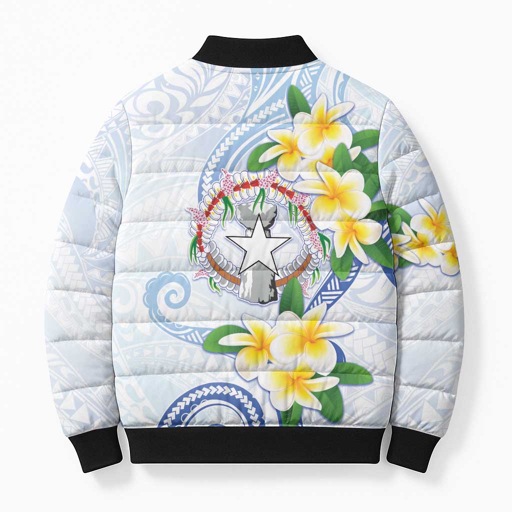 Northern Mariana Islands Chamorro Bomber Puffer Jacket Plumeria Curves Style White Version