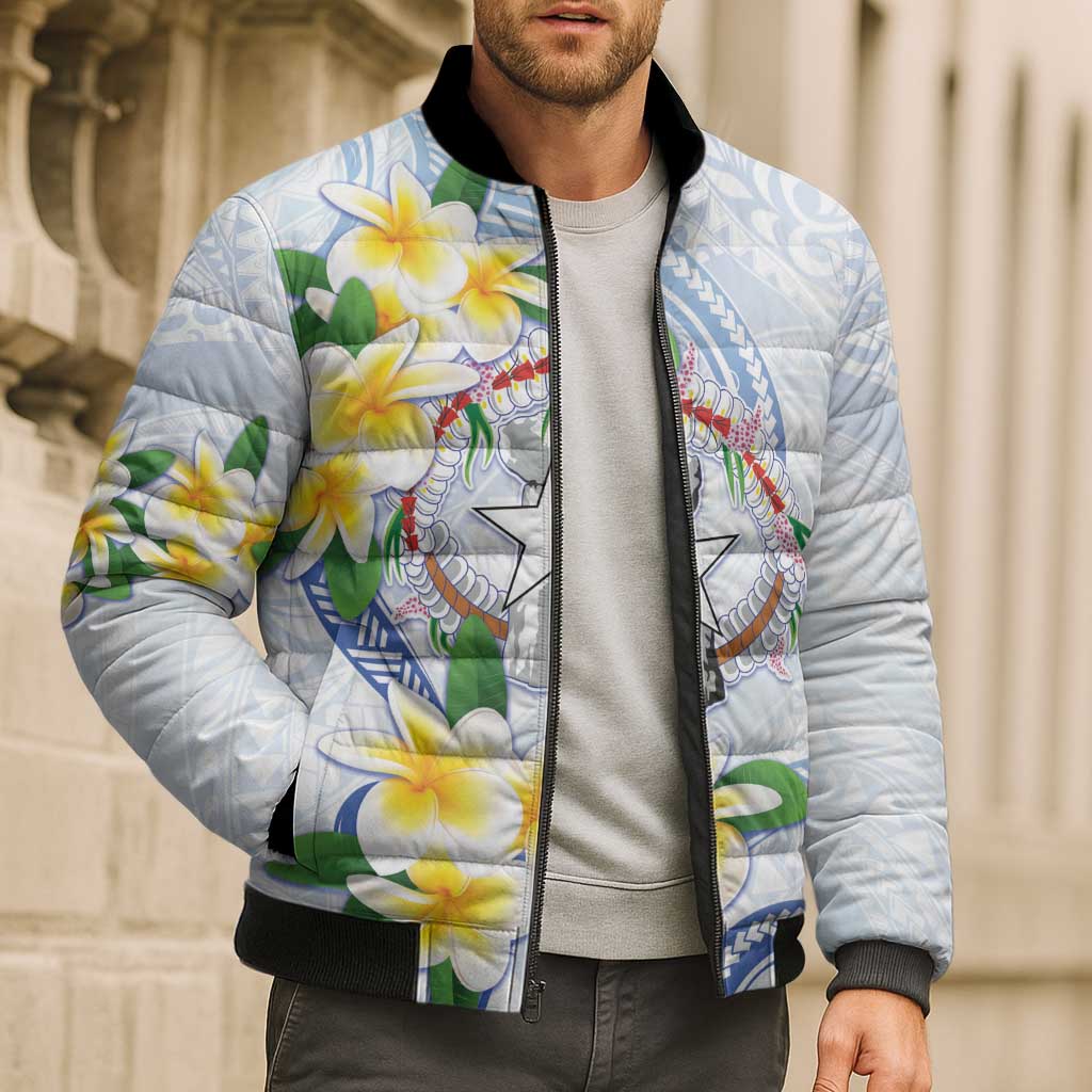 Northern Mariana Islands Chamorro Bomber Puffer Jacket Plumeria Curves Style White Version