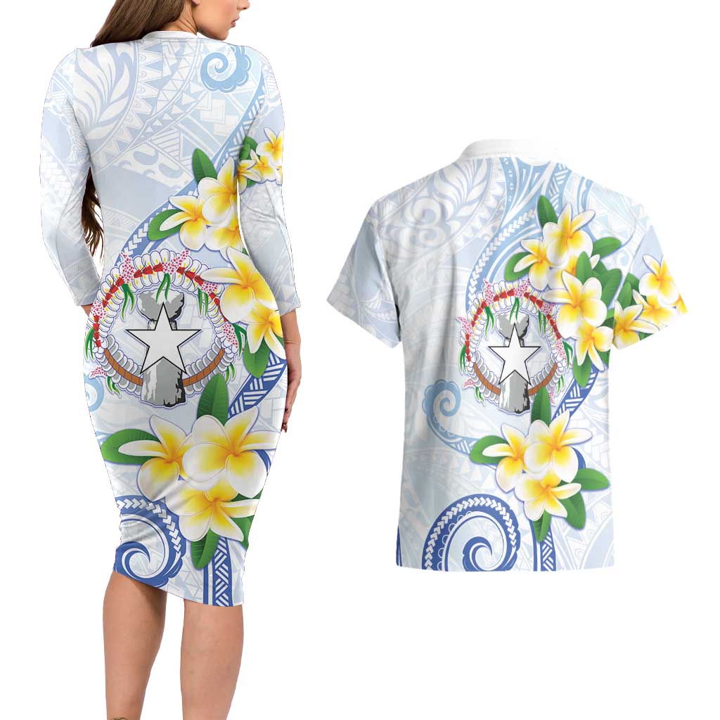 Northern Mariana Islands Chamorro Couples Matching Long Sleeve Bodycon Dress and Hawaiian Shirt Plumeria Curves Style White Version