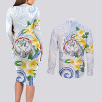 Northern Mariana Islands Chamorro Couples Matching Long Sleeve Bodycon Dress and Long Sleeve Button Shirt Plumeria Curves Style White Version