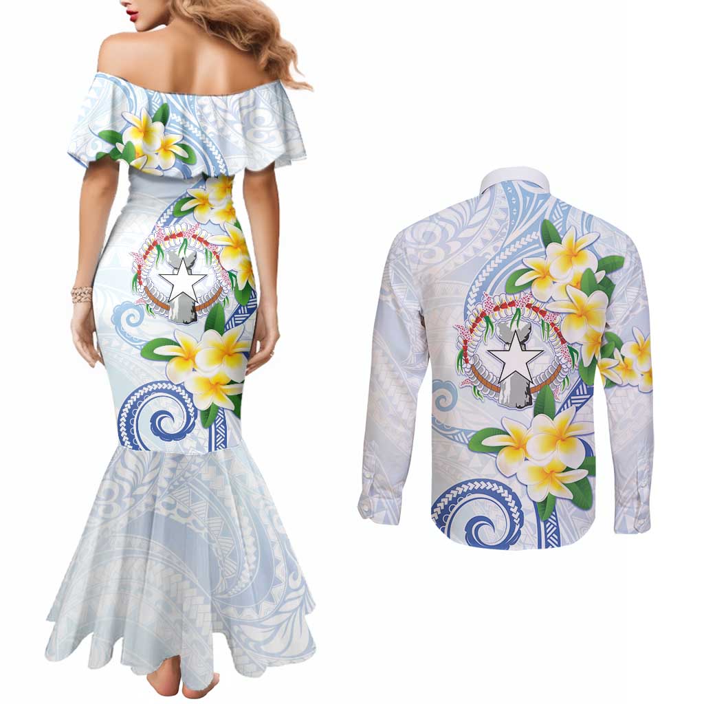 Northern Mariana Islands Chamorro Couples Matching Mermaid Dress and Long Sleeve Button Shirt Plumeria Curves Style White Version