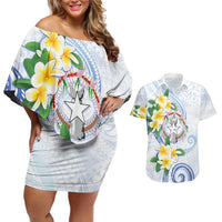 Northern Mariana Islands Chamorro Couples Matching Off Shoulder Short Dress and Hawaiian Shirt Plumeria Curves Style White Version