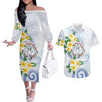 Northern Mariana Islands Chamorro Couples Matching Off The Shoulder Long Sleeve Dress and Hawaiian Shirt Plumeria Curves Style White Version