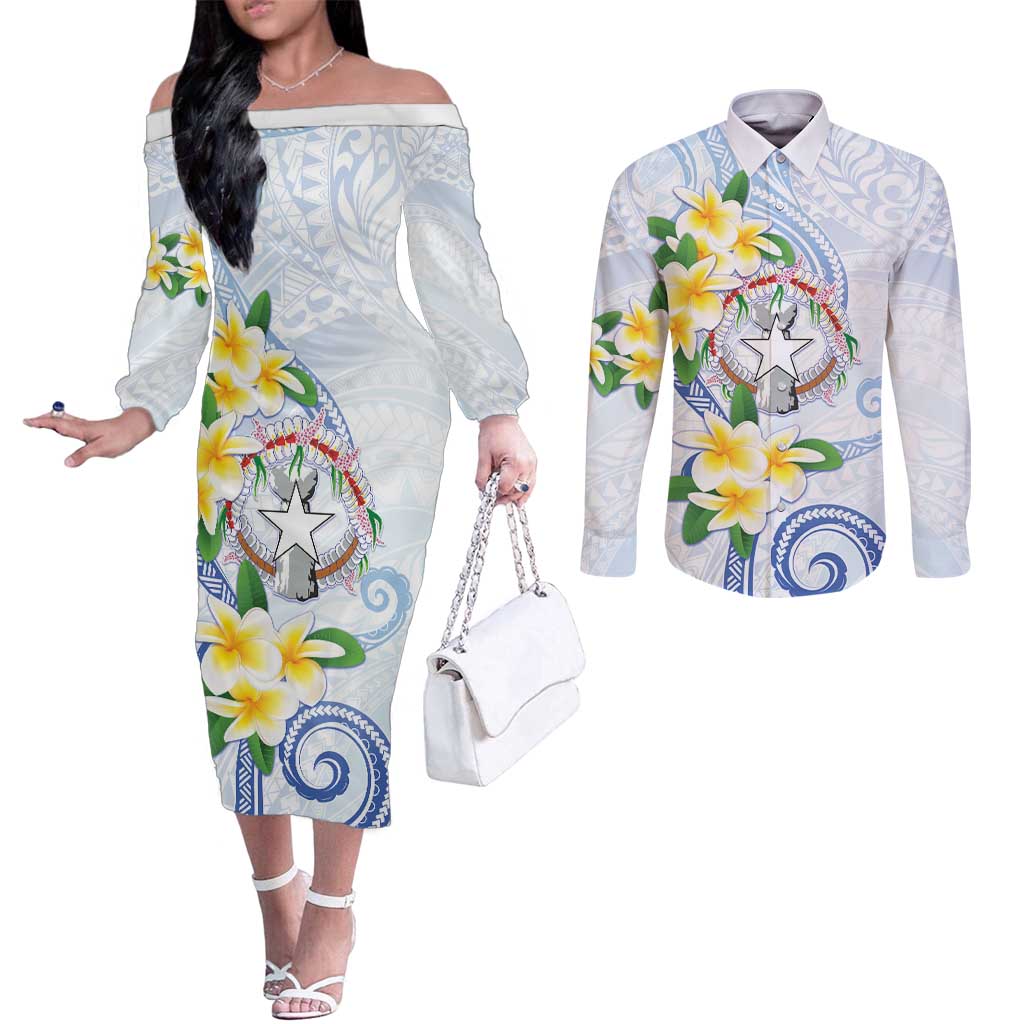 Northern Mariana Islands Chamorro Couples Matching Off The Shoulder Long Sleeve Dress and Long Sleeve Button Shirt Plumeria Curves Style White Version