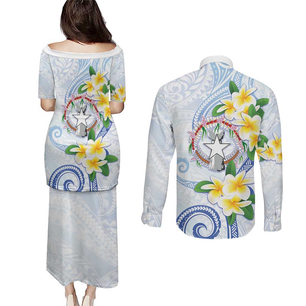 Northern Mariana Islands Chamorro Couples Matching Puletasi and Long Sleeve Button Shirt Plumeria Curves Style White Version
