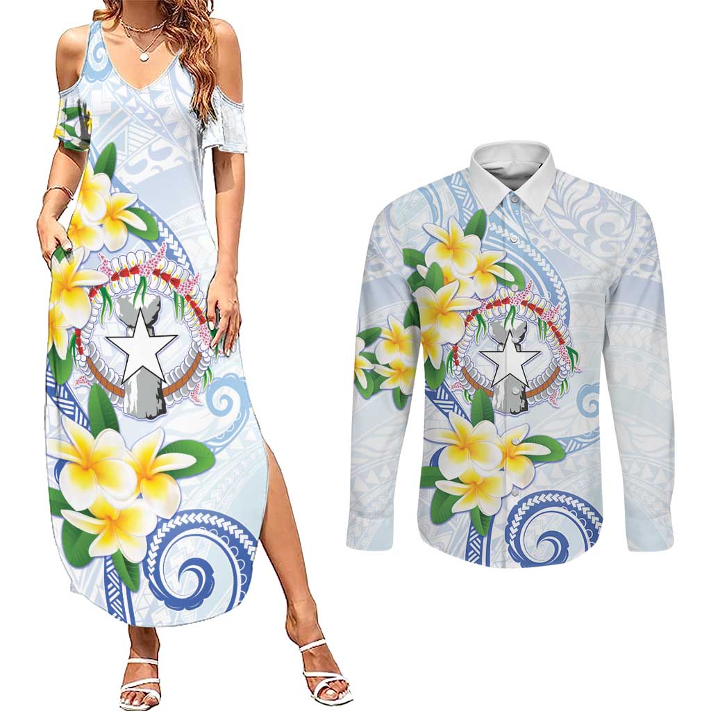 Northern Mariana Islands Chamorro Couples Matching Summer Maxi Dress and Long Sleeve Button Shirt Plumeria Curves Style White Version