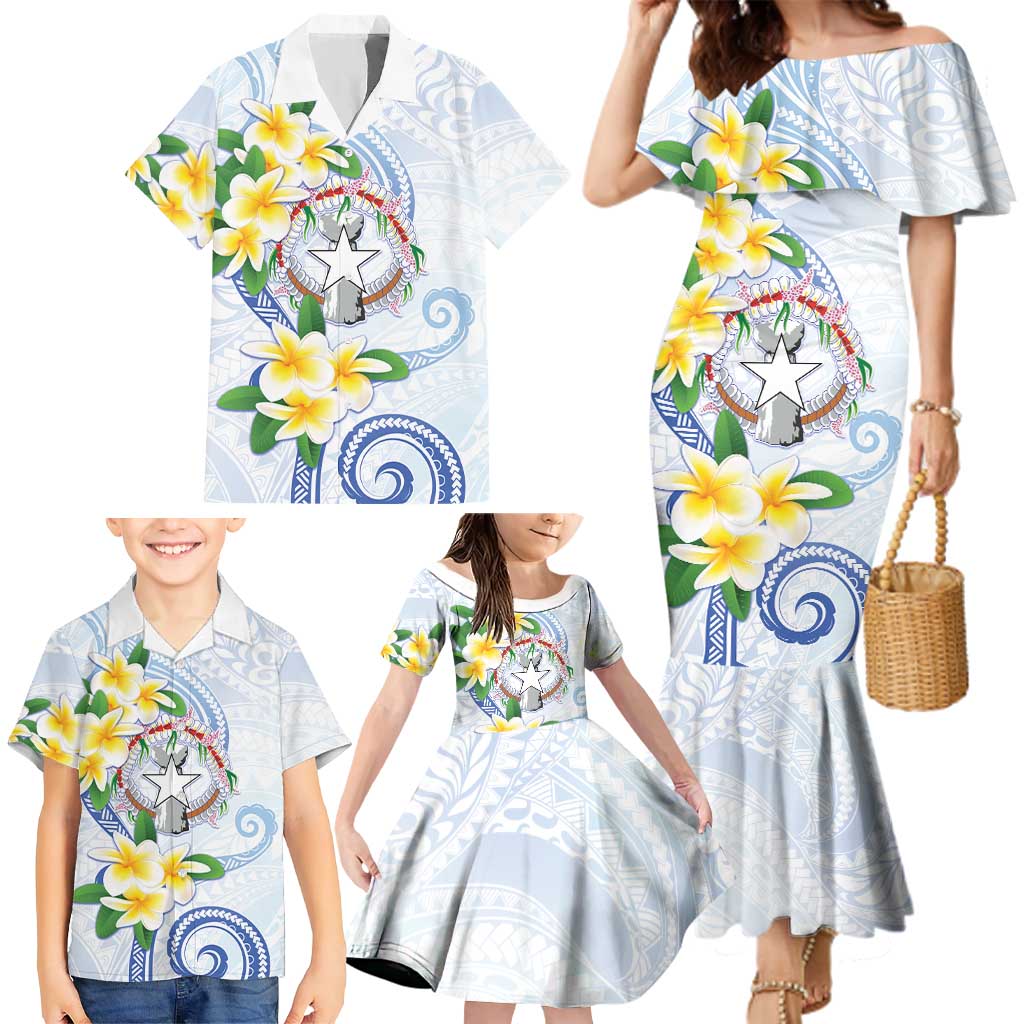 Northern Mariana Islands Chamorro Family Matching Mermaid Dress and Hawaiian Shirt Plumeria Curves Style White Version